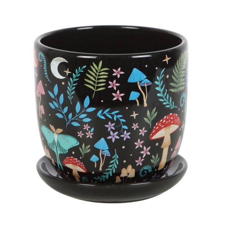 Dark Forest Print Ceramic Plant Pot with Saucer - Fits 8 cm nursery pot