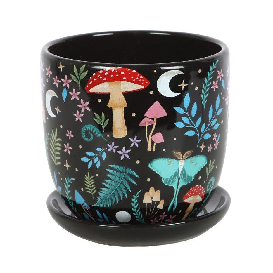 Dark Forest Print Ceramic Plant Pot with Saucer - Fits 8 cm nursery pot